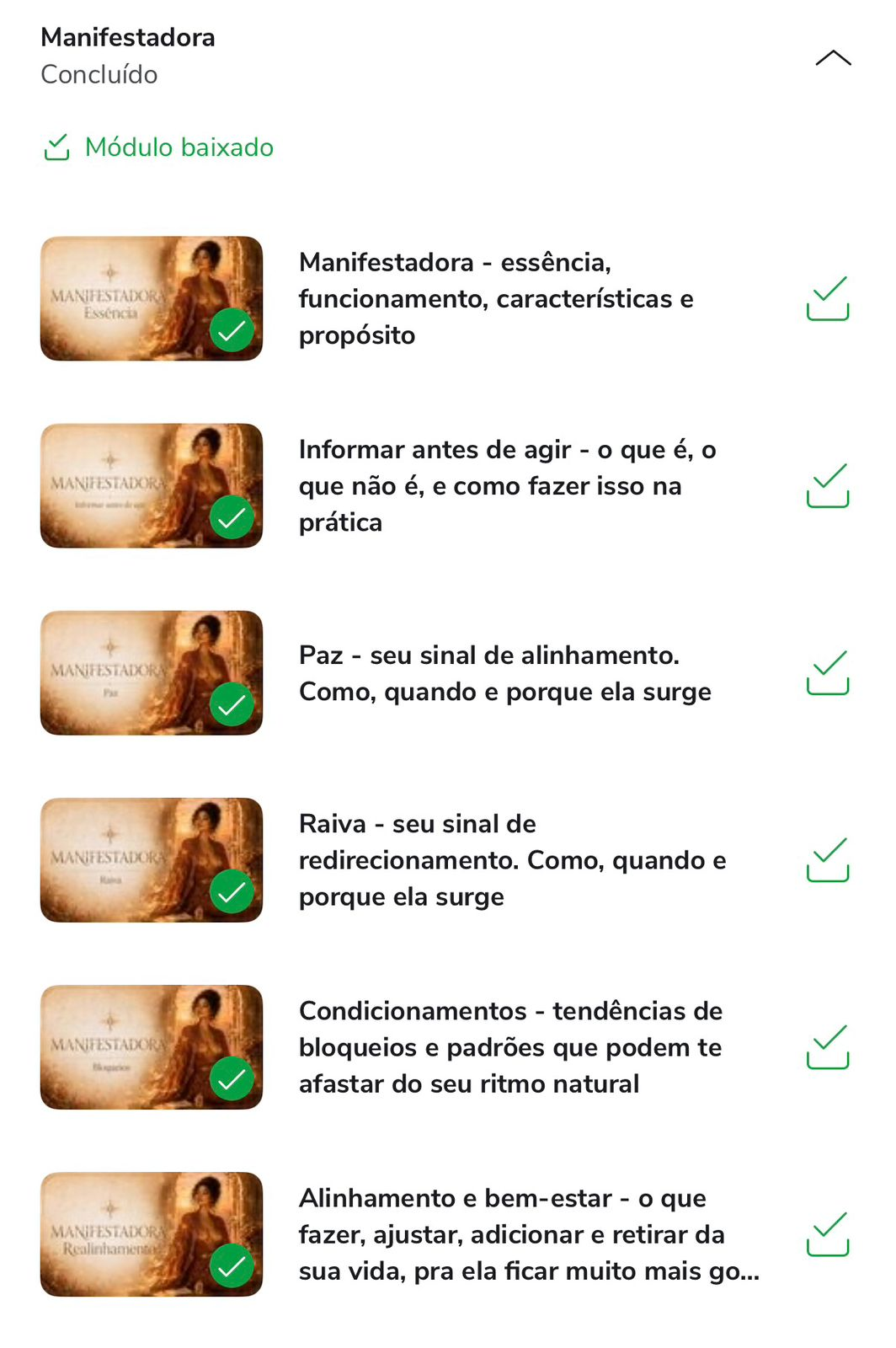 Módulo Manifestadora marcado como baixado, com todas as aulas concluídas