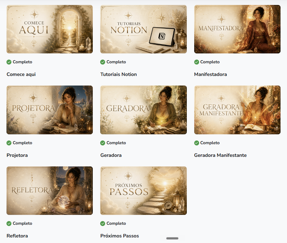 Galeria dos 8 módulos: Comece aqui, Tutoriais Notion, Manifestadora, Projetora, Geradora, Geradora Manifestante, Refletora e Próximos Passos