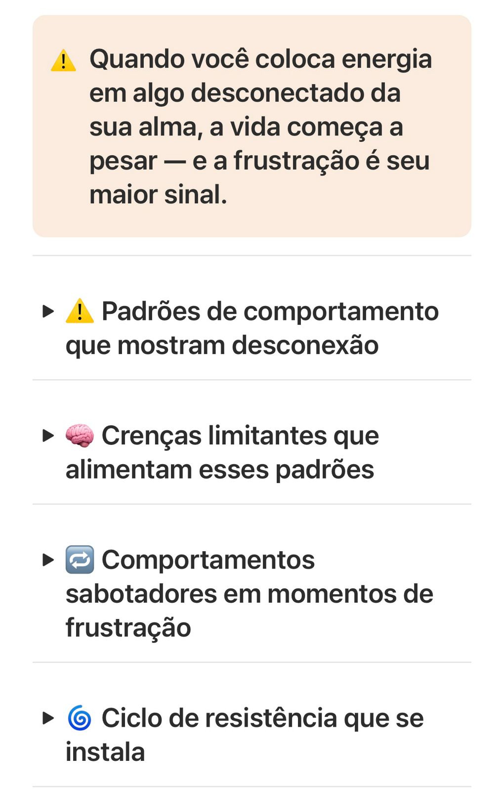 Seção sobre condicionamentos, crenças limitantes e ciclos de resistência