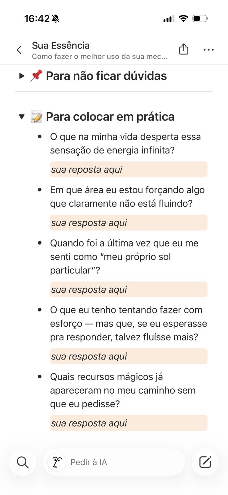 Perguntas reflexivas e campos pra preencher diretamente no Notion, vistos no celular